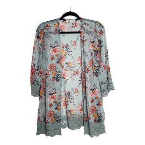 Jolt Womens Floral Kimono Cardigan Blue Pink Crochet Lace Trim Open Front Small
